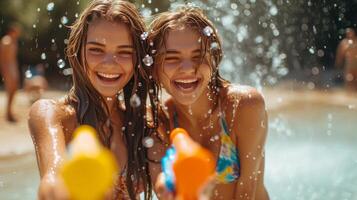 ai generato giovane bellissimo coppia avendo divertimento giocando con acqua pistole foto