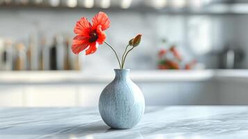 ai generato un' minimalista vaso con uno rosso fiore sta su un' bianca marmo tavolo foto