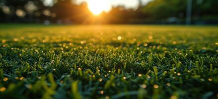 ai generato vicino su di verde calcio campo a tramonto tempo foto