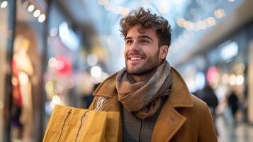 ai generato un' bello uomo delizie nel shopping per i regali a il centro commerciale foto