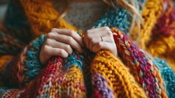 ai generato donna maglia un' maglione a partire dal multicolore discussioni foto