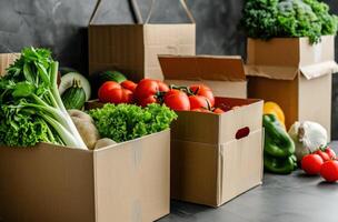 ai generato parecchi cartone scatole pieno con verdure e altro cibo foto