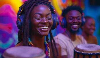 ai generato djembe nel cuffie sorridente mentre ascoltando per musica foto