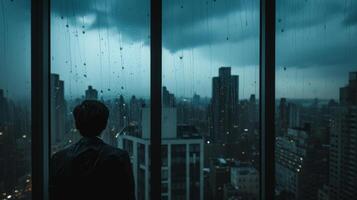 ai generato investitore fissando su di un' finestra prospiciente un' città orizzonte con gocce di pioggia striature giù il bicchiere foto