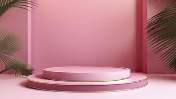ai generato astratto dolce rosa 3d camera con realistico rosa cilindrico piedistallo podio impostato e ombra copertura di palma le foglie. minimo scena per Prodotto Schermo presentazione. 3d rendering, foto