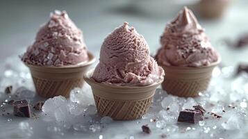 ai generato delizioso cioccolato ghiaccio crema con ghiaccio cubi e choco patatine fritte, dolce dolce sfondo. foto