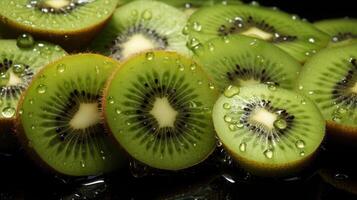 ai generato esotico Kiwi sfondo. esotico appello di perfettamente il giro Kiwi fette. foto