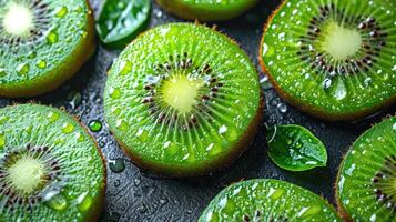 ai generato esotico Kiwi sfondo. esotico appello di perfettamente il giro Kiwi fette. foto