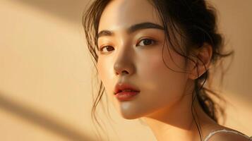 ai generato coreano bellezza, elegante cura della pelle modello con solido trucco su leggero beige sfondo foto
