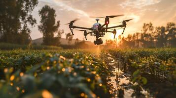 ai generato futuro contadino Strumenti, volante fuco spruzzatura pesticidi su bagnato agricoltura campo foto
