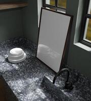 minimalista elegante buio di legno telaio modello manifesto su il marmo Consiglio dei ministri nel il moderno cucina interno foto