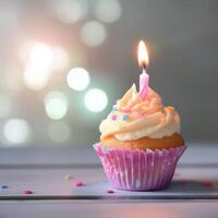 ai generato compleanno Cupcake su sfocato leggero sfondo foto