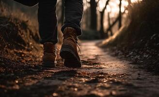 ai generato maschio viaggiatore è andando di natura sentiero, foresta e prato, d'oro ora natura fotografia, vicino su il trekking stivali. generativo ai. alto qualità illustrazione foto