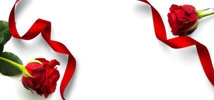 bandiera design elementi per San Valentino giorno sfondo. rosso rosa fiore, decorazione rosso cuore e nastro su un' bianca sfondo, piatto posare foto