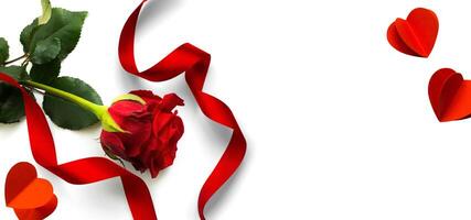 bandiera design elementi per San Valentino giorno sfondo. rosso rosa fiore, decorazione rosso cuore e nastro su un' bianca sfondo, piatto posare foto