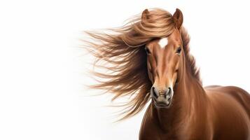 ai generato animale diritti concetto Marrone cavallo con criniera fluente isolato contro un' bianca sfondo foto