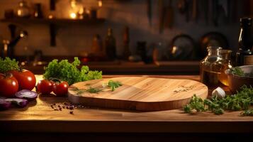 ai generato podio di legno - taglio scrivania lato Visualizza preparare per cucinare foto