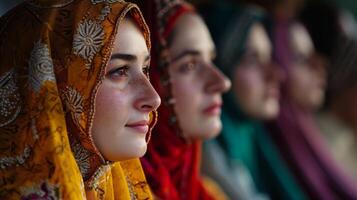 ai generato quattro immigrante donne nel hijab guardare in distanza foto