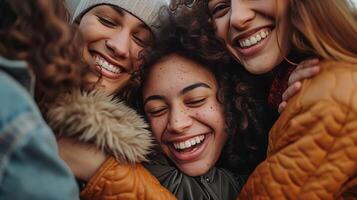 ai generato contento momento con amici gruppo di donna abbracciare e ridendo foto