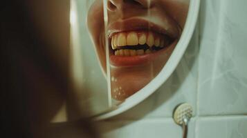 ai generato regolare dentale cura e orale igiene controlli un' specchio riflettendo donna Sorridi con giallo denti foto
