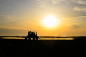 trattore con il Aiuto di un' spruzzatore spray liquido fertilizzanti su giovane Grano nel il campo. foto