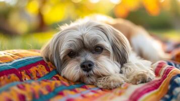 ai generato un' shih tzu ammollo su il sole mentre oziare su un' colorato picnic coperta foto