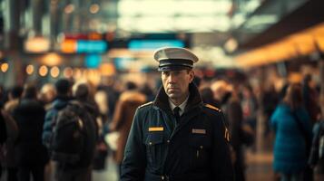 ai generato in uniforme linea aerea ufficiale mantenimento nel un' occupato pubblico spazio con stretto volo orari foto