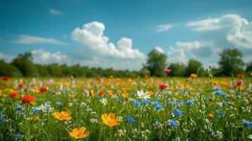 ai generato vivido Fiore di campo prato nel estate fioritura foto