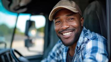 ai generato gioioso africano americano autista all'uscita camion e di fronte telecamera foto