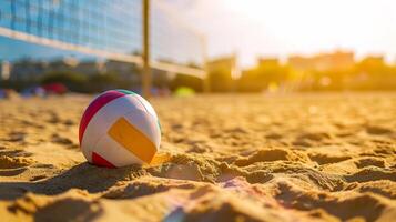 ai generato spiaggia pallavolo azione, professionale sport su sabbioso Tribunale foto