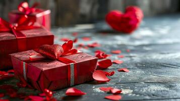 ai generato sentito sorpresa, rosso regalo scatole e cuore su elegante tavolo foto