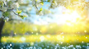 ai generato soleggiato giorno nel natura, sfocato primavera sfondo con fioritura alberi e blu cielo foto