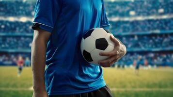 ai generato calcio atleta nel azione, professionale calcio giocatore su stadio campo foto