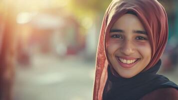 ai generato sorridente islamico ragazza, cattura culturale diversità e gioia foto