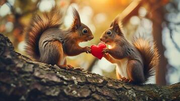 ai generato divertente animale San Valentino giorno amore nozze celebrazione concetto saluto carta carino rosso scoiattolo coppia su albero tronco nel foresta Tenere rosso cuore foto