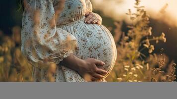 ai generato materno serenità, avvicinamento di gravidanza nel elegante vestito foto