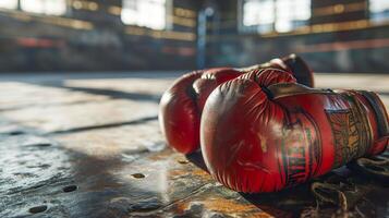 ai generato vicino su di boxe guanti nel il arena foto