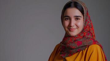 ai generato sorridente islamico ragazza, cattura culturale diversità e gioia foto