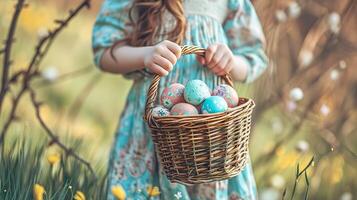 ai generato uovo caccia la gioia, festivo bandiera con ragazza e dipinto uova foto
