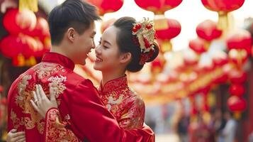 ai generato festeggiare Cinese nuovo anno, gioioso asiatico coppia foto