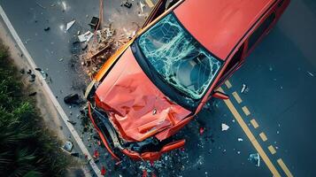 ai generato pericoloso auto incidente, vista dall'alto incidente su il strada foto