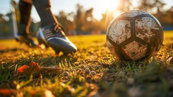 ai generato calcio azione, lato Visualizza di calcio stivale calciando palla foto