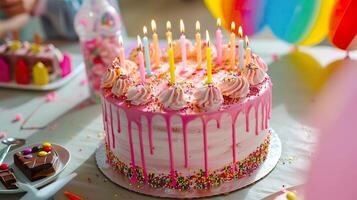 ai generato dolce celebrazione delizia, vivace rosa compleanno torta per bambini foto