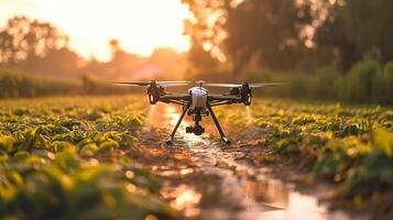 ai generato futuro contadino Strumenti, volante fuco spruzzatura pesticidi su bagnato agricoltura campo foto