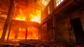 ai generato ardente disastro, intenso fiamme nel industriale ambientazione foto