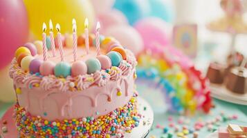 ai generato dolce celebrazione delizia, vivace rosa compleanno torta per bambini foto