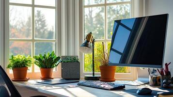 ai generato minimalista ufficio impostare, del desktop computer con finestra Visualizza foto