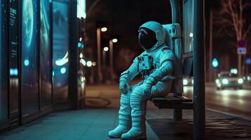 ai generato cosmico solitudine, astronauta contemplando a notte autobus fermare foto