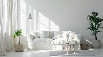 ai generato luminosa moderno vivente camera, bianca biancheria divano e pianta arredamento foto