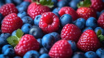 ai generato mescolare di frutti di bosco come come fragole, mirtilli, e lamponi disposte ad arte per un' scoppiare di colore sfondo. foto